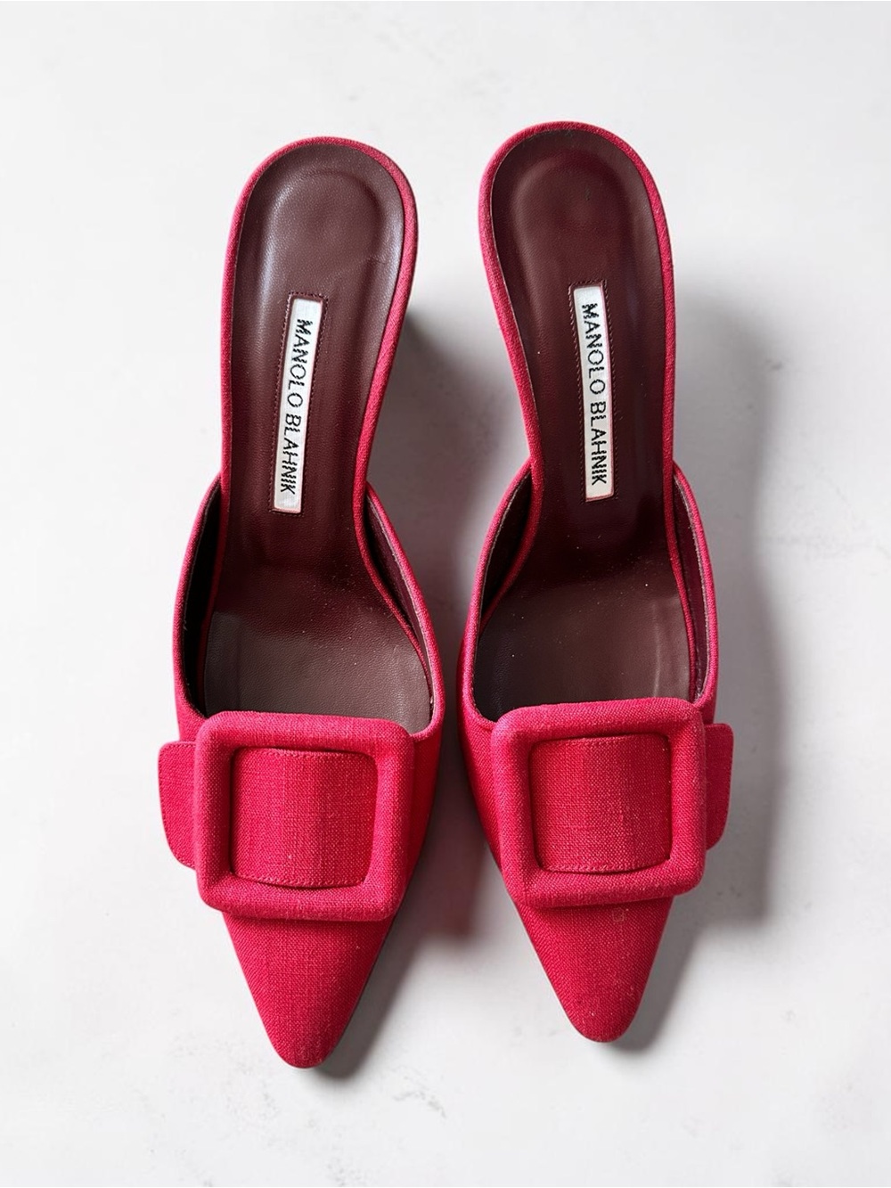 Manolo Blahnik Red  Mules Fabric Pointed Mule with Buckle Accent 37 - Picture 7 of 7